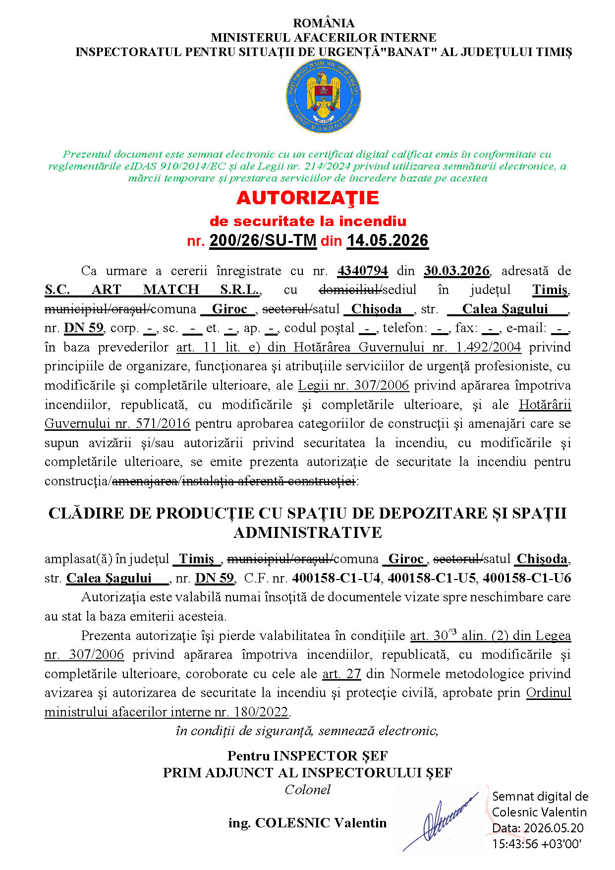 Autorizație de Securitate la Incendiu